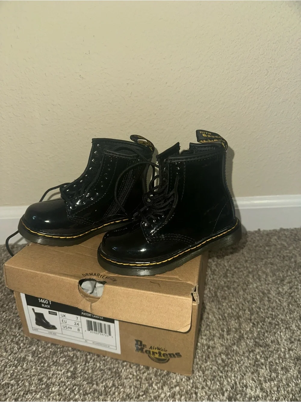 Dr. Martens Kids Black Patent Lace-Up Boots with Yellow Stitching